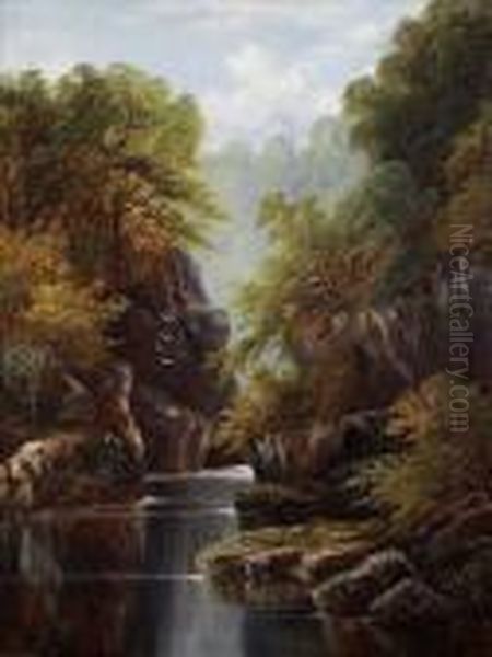 A Wooded River Ina Rocky Gorge Oil Painting by William Mellor