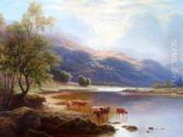 Cattle Watering In A Highland Loch Oil Painting by William Mellor