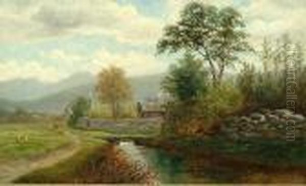 Figures On A Riverside Pathway With Mountains Beyond Oil Painting by William Mellor