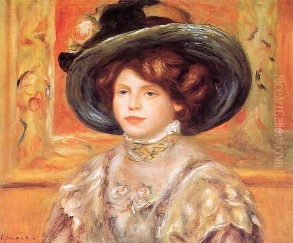 Young Woman In A Blue Hat Oil Painting by Pierre Auguste Renoir