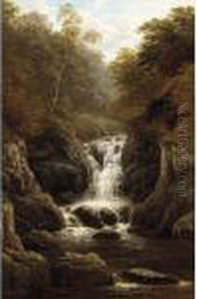 Waterfall In The Wood Oil Painting by William Mellor