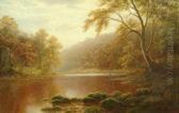 An Angler Beside A Calm River, Probably On The Wharfe Near Bolton Abbey; A River Scene Oil Painting by William Mellor