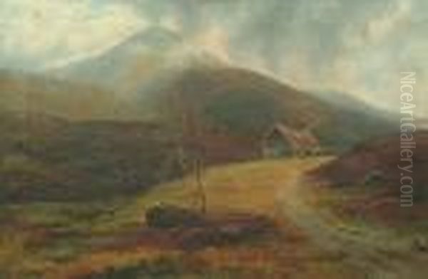 A Moorland Scene With Cattle Grazing With Mountains Beyond, Possibly Wales Oil Painting by William Mellor