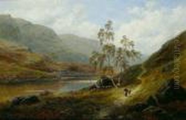 River Landscape With Figures Oil Painting by William Mellor