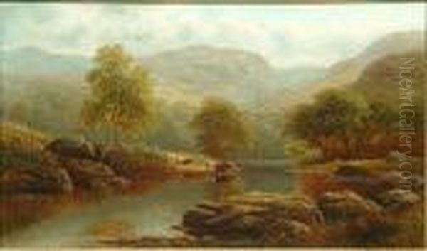 A River Landscape With Cattle Watering, Possibly On The Wharfe; A Lakeland Landscape Oil Painting by William Mellor