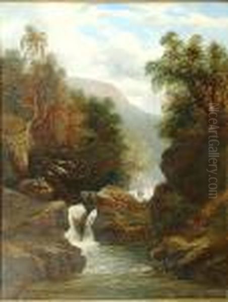 A Waterfall Scene Oil Painting by William Mellor