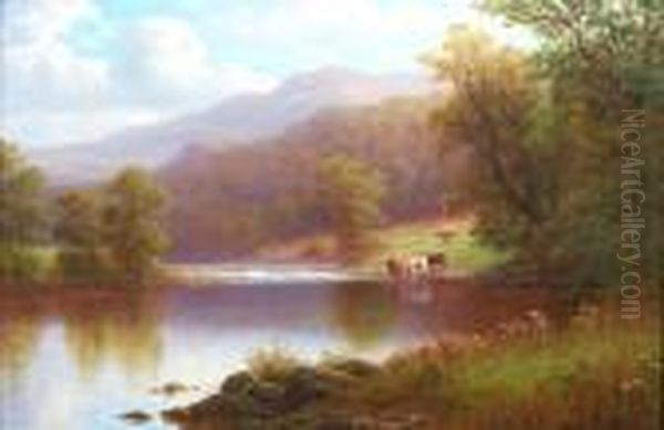 Highland River Landscapes With Cows And Sheep Oil Painting by William Mellor