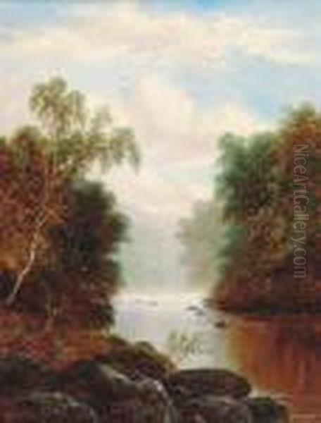 A Tranquil Wooded River Landscape; And A Waterfall In A Woodedlandscape Oil Painting by William Mellor