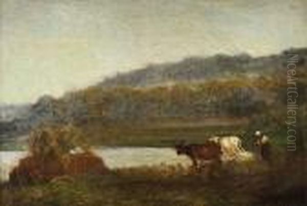 Les Vaches Et La Fermiere Oil Painting by Emile Rene Menard