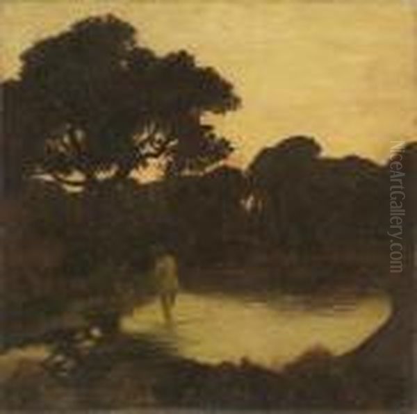 Baigneuse A L'etang Au Crepuscule Oil Painting by Emile Rene Menard