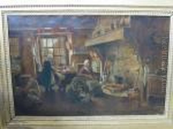 Interieur De Cuisine Anime Oil Painting by Emile Rene Menard