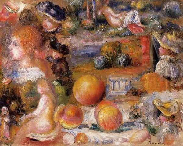 Studies Womans Heads Nudes Landscapes And Peaches Oil Painting by Pierre Auguste Renoir