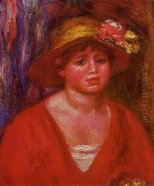 Bust Of A Young Woman In A Red Blouse Oil Painting by Pierre Auguste Renoir