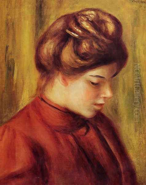 Profile Of A Woman In A Red Blouse Oil Painting by Pierre Auguste Renoir