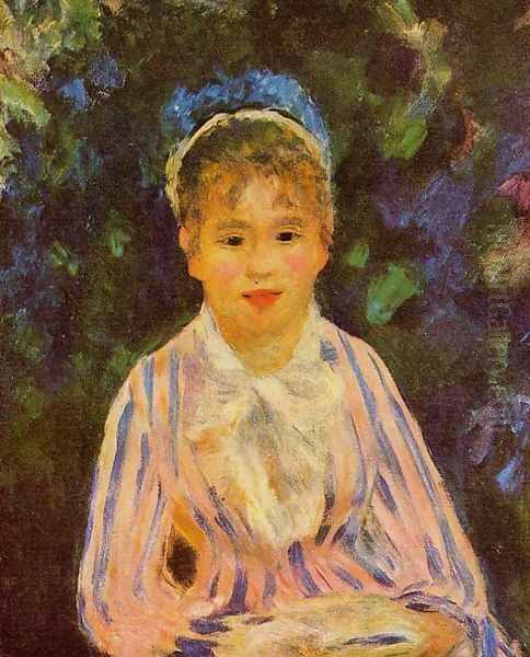 Young Woman In A Blue And Pink Striped Shirt Oil Painting by Pierre Auguste Renoir