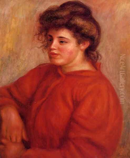 Woman In A Red Blouse Oil Painting by Pierre Auguste Renoir