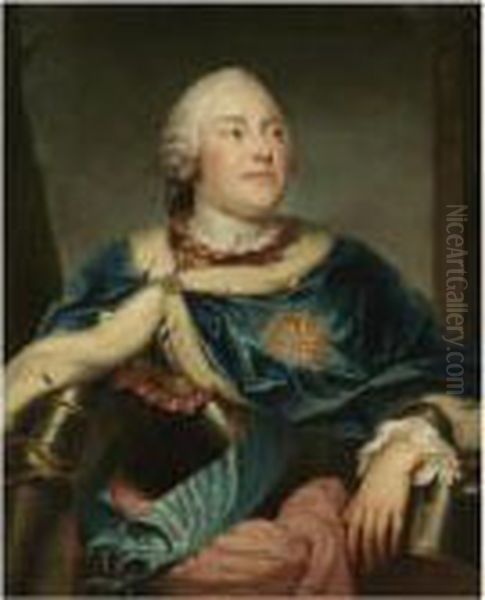 Portrait Of The Elector 
Friedrich Christian Of Saxony, Threequarter Length, Wearing Armour And A
 Blue Ermine-lined Cape Withthe Cross Of Malta Oil Painting by Anton Raphael Mengs