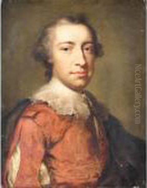 Portrait Of A Gentleman, Half Length, Wearing Red And In 17th Century Costume Oil Painting by Anton Raphael Mengs