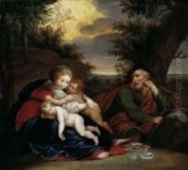 Raphael , Umkreis Die Heilige 
Familie Mit Dem Johannesknaben. Daruber Engel In Wolken. Ol Auf 
Leinwand, Auf Holz Aufgezogen. H 36; B 39 Cm Oil Painting by Anton Raphael Mengs