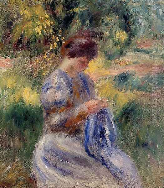 The Embroiderer Aka Woman Embroidering In A Garden Oil Painting by Pierre Auguste Renoir