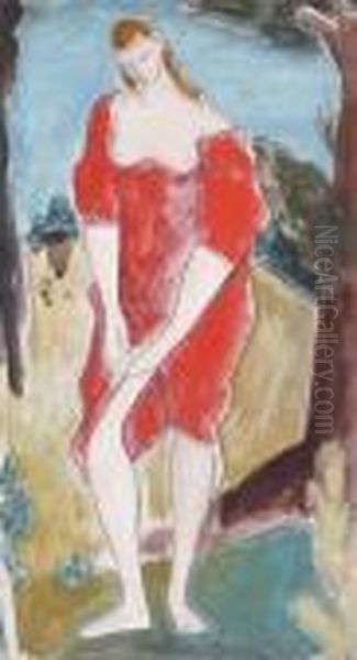 Semi-clad Woman In A Red Dress Oil Painting by Bernard Meninsky