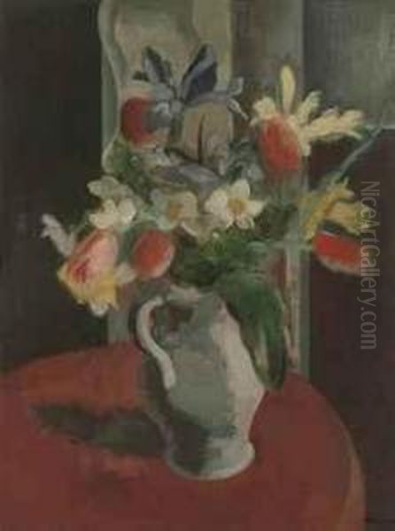 Tulips And Irises Oil Painting by Bernard Meninsky