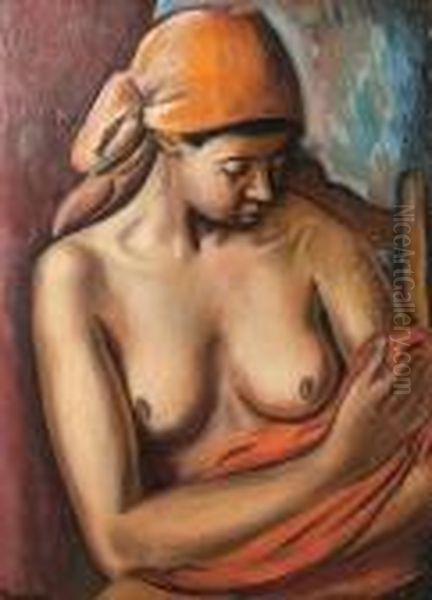 Female Nude, Seated, Wearing A Head Scarf Oil Painting by Bernard Meninsky