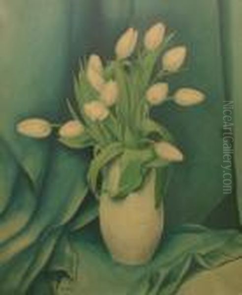 White Tulips In A Jug Oil Painting by Bernard Meninsky