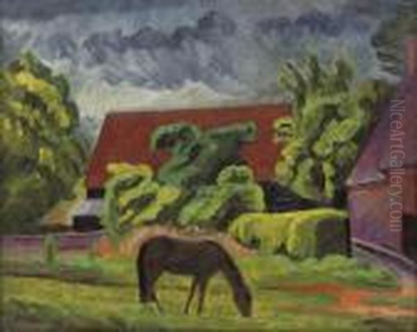 Horses Grazing, Cookham Oil Painting by Bernard Meninsky