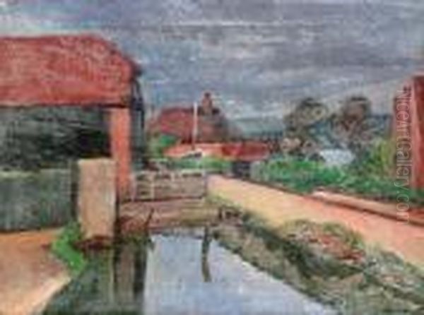 View Of A Farm With Barns By A Pond Oil Painting by Bernard Meninsky