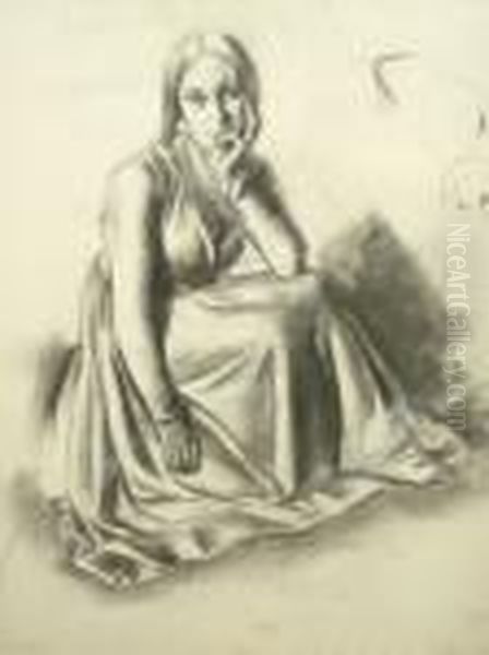 Nea Lg -- Portrait Of A Woman Seated Full-length; Charcoal, 61x45.5cm by Bernard Meninsky