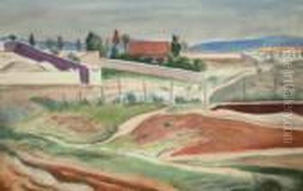 Landscape With Out Buildings; Black Chalk And Watercolour, Signed, 37.2x55.5cm Oil Painting by Bernard Meninsky