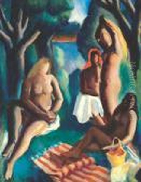 Picnic With Bathers Oil Painting by Bernard Meninsky