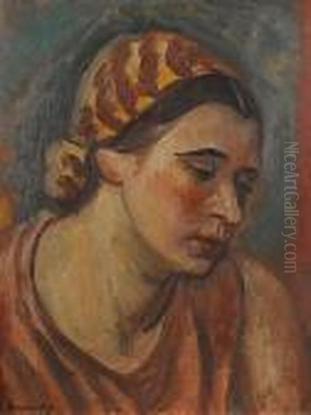 Portrait Of A Lady Wearing A Head Scarf Oil Painting by Bernard Meninsky