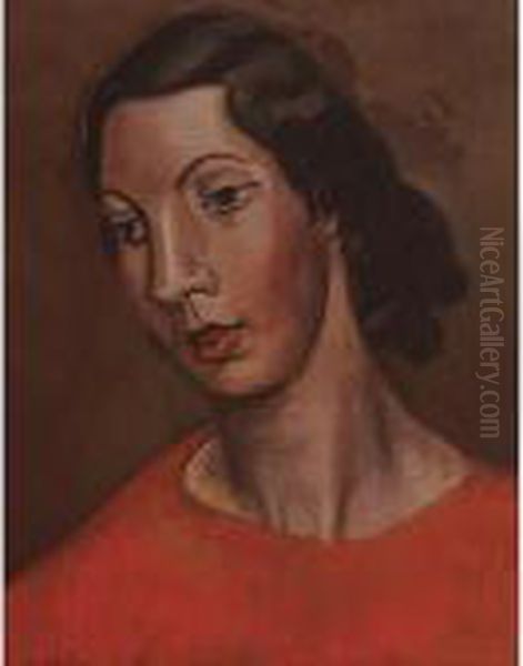 Zira In Red Dress Oil Painting by Bernard Meninsky