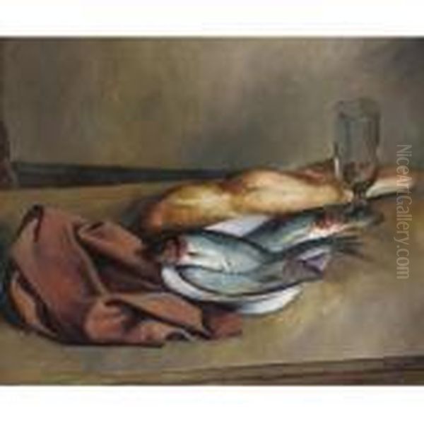 Still Life With Mackerel Oil Painting by Bernard Meninsky