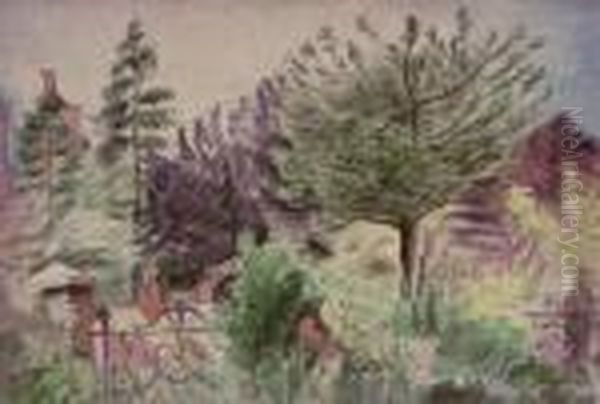 Trees In A Garden Oil Painting by Bernard Meninsky