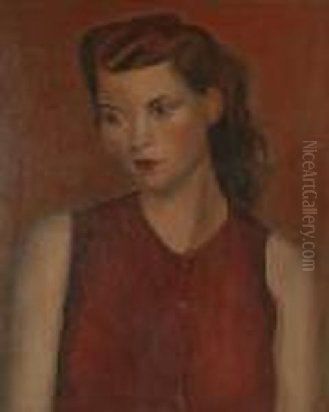 Portrait Of A Girl In A Red Dress Oil Painting by Bernard Meninsky