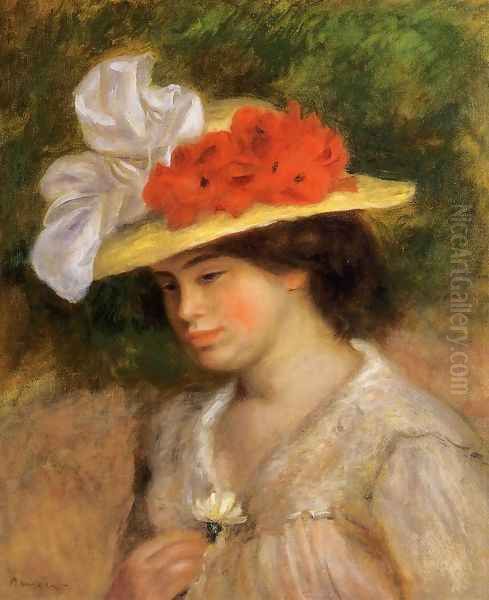 Woman In A Flowered Hat Oil Painting by Pierre Auguste Renoir