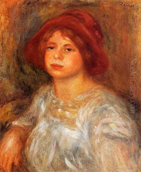 Young Girl Wearing A Red Hat Oil Painting by Pierre Auguste Renoir