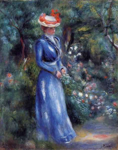 Woman In A Blue Dress Standing In The Garden Of Saint Cloud Oil Painting by Pierre Auguste Renoir