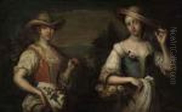 Portrait Of Two Ladies, Half-length, As Shepherdesses In A Landscape Oil Painting by Philippe Mercier