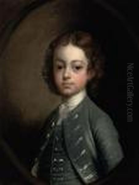 Portrait Of A Young Boy, Bust-length, In A Blue Jacket Andwaistcoat, In A Feigned Oval Oil Painting by Philippe Mercier