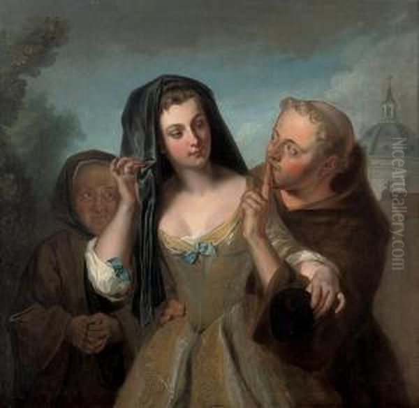 The Secret: A Young Woman, Accompanied By Her Duenna, With A Monk Oil Painting by Philippe Mercier