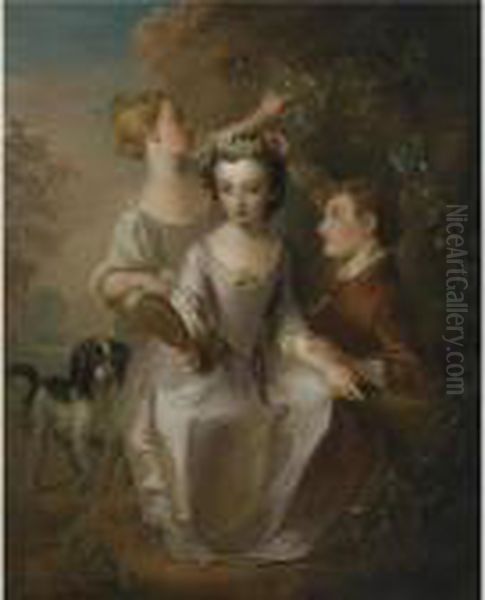 Portrait Of Three Children In A Landscape Oil Painting by Philippe Mercier