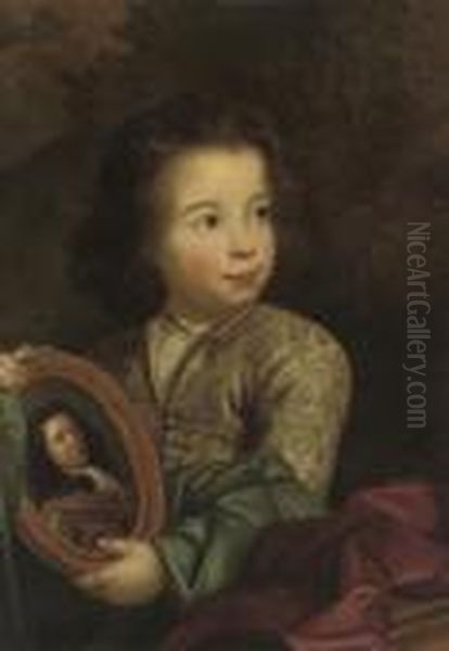 Portrait Of A Young Boy, 
Half-length, In A Grey Silk Embroidered Coat And Blue Wrap, Holding A 
Portrait Of A Gentleman, In A Landscape Oil Painting by Philippe Mercier