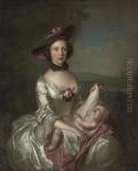 Portrait Of Elizabeth Boyd And 
Child, Three-quarter-length, In An Oyster Satin Dress And Black And Pink
 Trimmed Hat, In A Landscape Oil Painting by Philippe Mercier