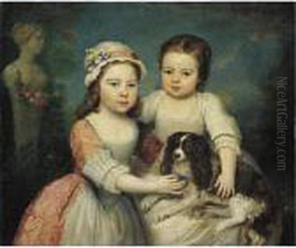 Portrait Of Two Young Girls With A Dog Oil Painting by Philippe Mercier