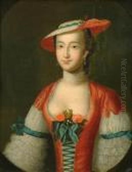 Portrait Of A Ladyhalf Length, Wearing A Low Cut Dress With Red Bodice And Straw Hat Oil Painting by Philippe Mercier