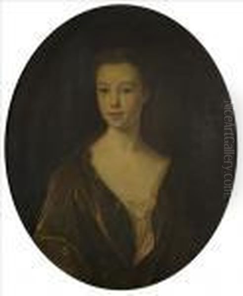 Portrait Of A Young Woman, Half-length, Wearing Brown Satin Dress Oil Painting by Philippe Mercier